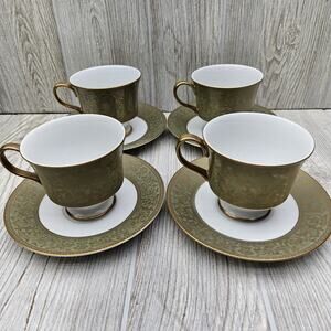 Sango China Versailles Set Of 4 Footed Cup & Saucer Japan‎ #3632 Green Gold